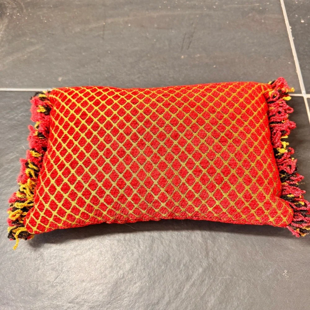 Handmade JOY Needlepoint Lumbar Pillow Red Gold‎ Fringe Accent Decor
